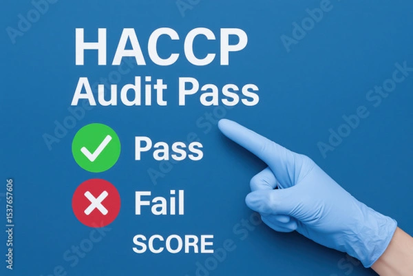 Fototapeta HACCP audit pass concept with hand in glove pointing to critical control point for hazard analysis in food safety system
