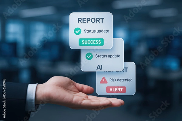 Fototapeta Automatic ai task management concept with hand holding digital report interface showing success and alert status update