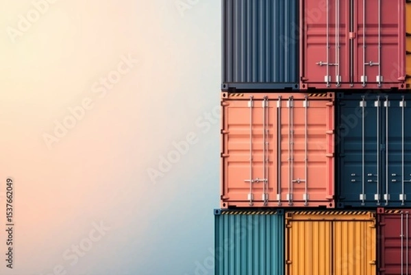 Fototapeta Vibrant cargo shipping containers stacked neatly, offering ample copy space. Ideal for themes of global logistics, international trade, supply chain management, and storage solutions.