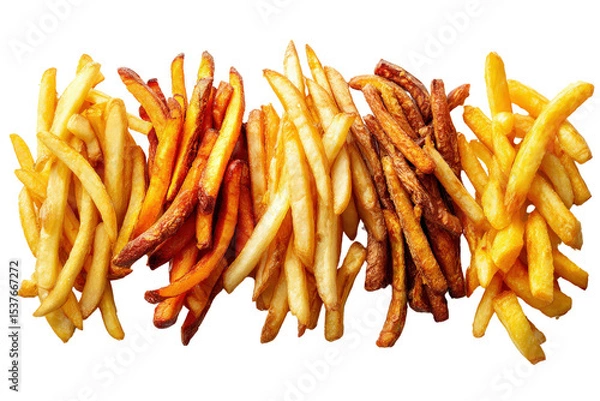 Fototapeta Assorted French fries with crispy edges, top view isolated on a Transparent background, PNG file. layout
