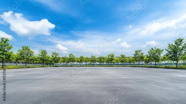 Obraz Empty parking lot with trees under sunny sky