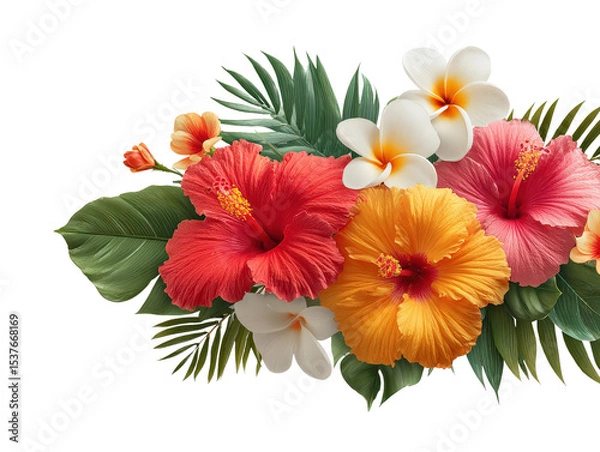 Fototapeta Bright tropical flowers including hibiscus and frangipani arranged in floating layout, isolated on a Transparent background, PNG file.