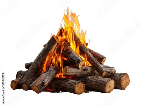 Fototapeta Burning campfire made of dry wooden logs with orange flames, isolated on a Transparent background, isolated on a Transparent background, PNG file.
