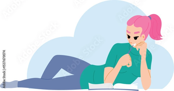 Obraz A young girl lies down and reads a book. Illustration of a student learning a lesson from a book. School days.