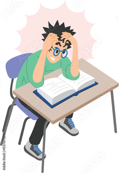 Obraz Illustration of a student sitting at a desk and reading a book. The young man is trying to prepare for an exam. School days.