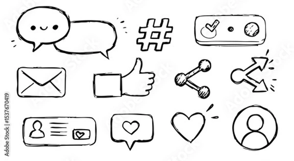 Fototapeta Hand Drawn Social Media Icons Set featuring Communication Likes Shares and Profile design elements