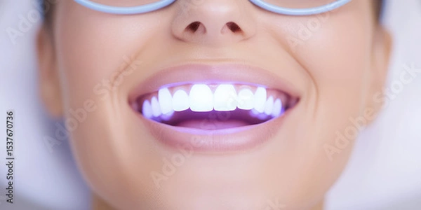Obraz A woman is smiling with bright, illuminated teeth, wearing protective eyewear. Dental care, teeth whitening, oral hygiene