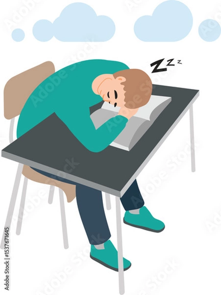 Obraz Tired student fell asleep at his desk. Illustration of a young man sleeping at his desk. School days.