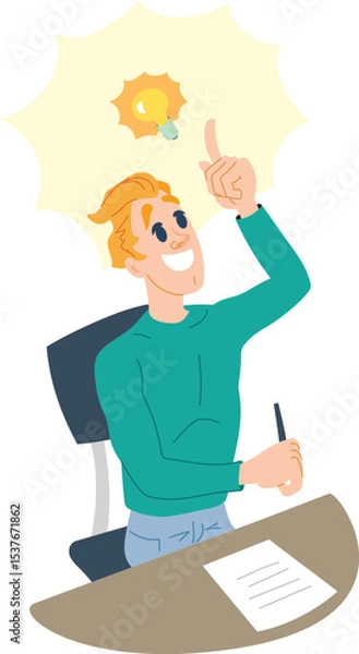 Obraz Smiling young man found a solution. Illustration of a young man solving problems at his desk. School days.