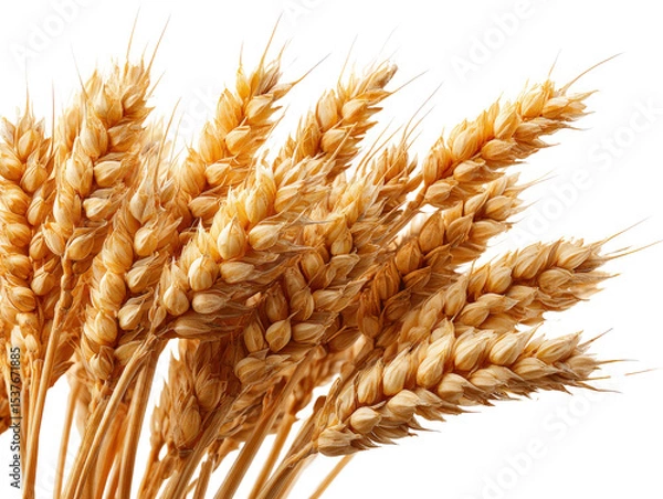 Fototapeta Close-up of ripe wheat grains, cereal crop for bread production, isolated on a Transparent background, PNG file.