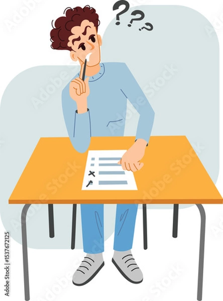 Obraz An imaginary student is taking a test. Illustration of a young man solving problems at a desk. School days.