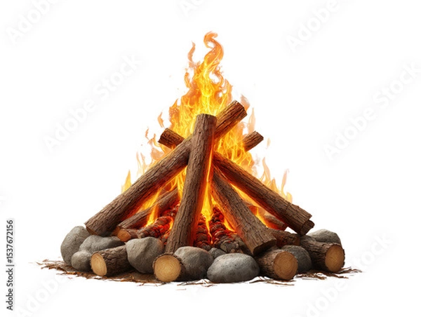 Fototapeta Cozy camping night campfire scene with realistic burning logs, isolated on a Transparent background, PNG file.