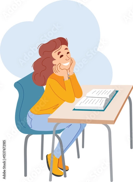 Obraz Smiling young girl sitting thoughtfully at her desk. Illustration of a female student studying a lesson from a book. School days.