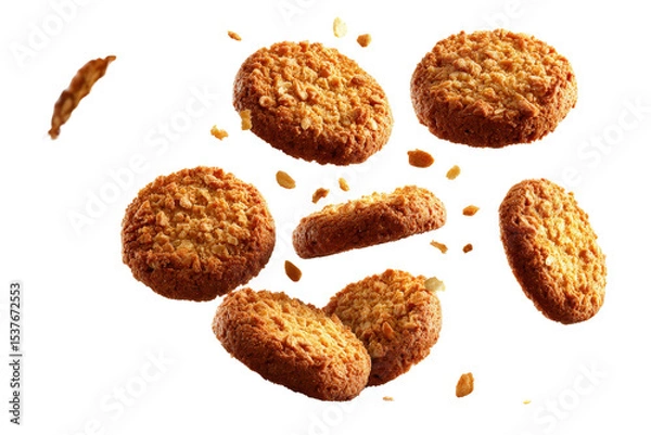 Fototapeta Crispy cookies floating in mid-air, golden brown color, isolated on transparent background, PNG file