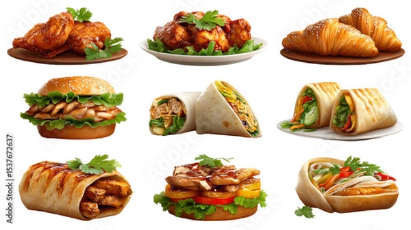 Fototapeta Crispy chicken, dumplings, wraps and sandwiches from various cuisines isolated on a Transparent background, PNG file.