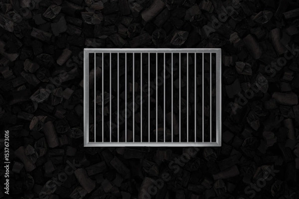 Fototapeta 3d rendering of steel grill grate over black charcoal