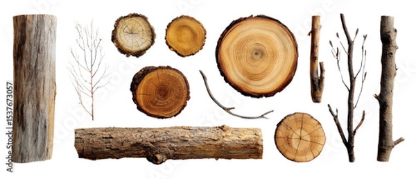 Fototapeta Cross-sections of tree trunks and assorted dry branches isolated on a Transparent background, PNG file., nature collection