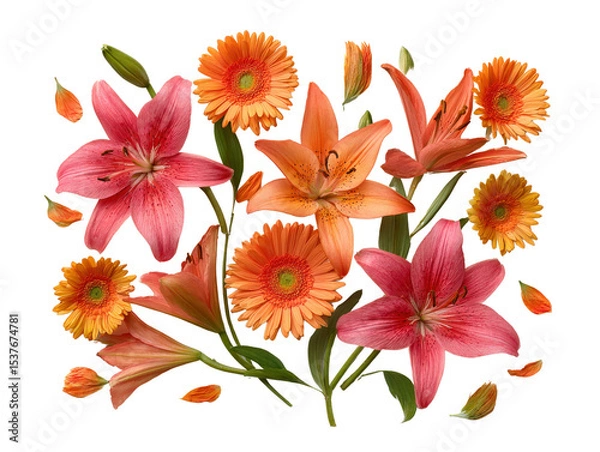 Fototapeta Exotic pink lilies and orange gerbera daisies scattered artistically, botanical display isolated on a Transparent background, PNG file.