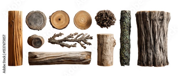 Fototapeta Forest wood elements including rings, trunks, and bark samples, isolated on a Transparent background, PNG file.