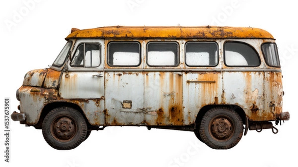 Fototapeta Forgotten minibus with oxidized metal, corrosion spots visible, isolated on a Transparent background, PNG file.p