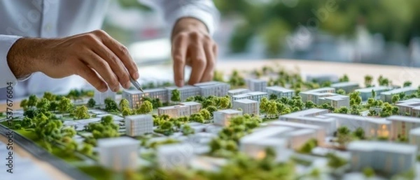Obraz A detailed shot of an urban planner reviewing plans for a sustainable urban redevelopment project, Urban redevelopment scene, Eco-friendly urbanism style
