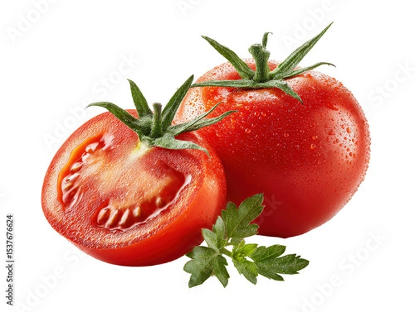 Fototapeta Fresh red tomato and half-cut showing inner texture, isolated on a Transparent background, PNG file.