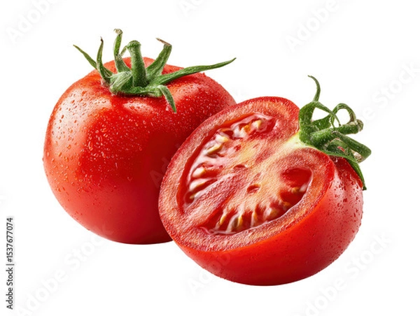 Fototapeta Fresh red tomato and half-cut showing inner texture, isolated on a Transparent background, PNG file.