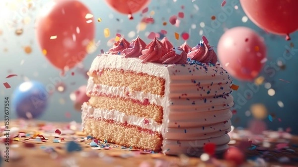 Obraz Slice of Birthday Cake with Candle and Colorful Balloons