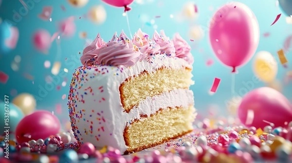 Obraz Slice of Birthday Cake with Candle and Colorful Balloons