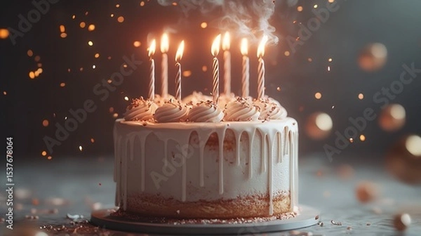 Obraz Birthday Cake with Candles Lit in a Cozy Home Celebration