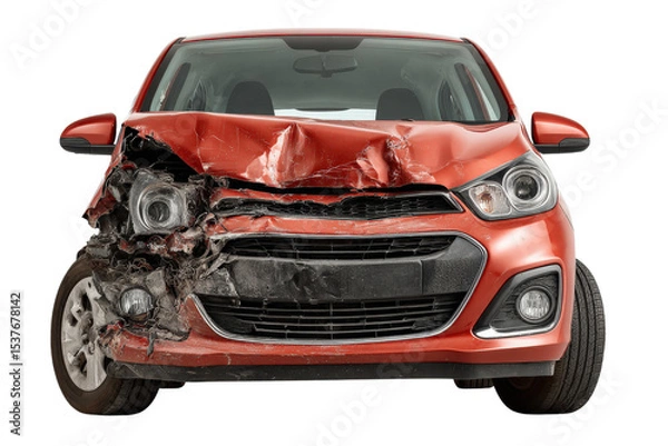 Fototapeta Front-end collision result on small vehicle, accident damage concept, isolated on a Transparent background, PNG file.