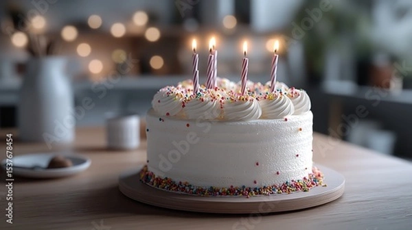 Obraz Birthday Cake with Candles Lit in a Cozy Home Celebration