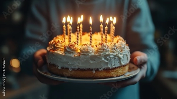 Obraz Birthday Cake with Lit Candles in Cozy Home Celebration