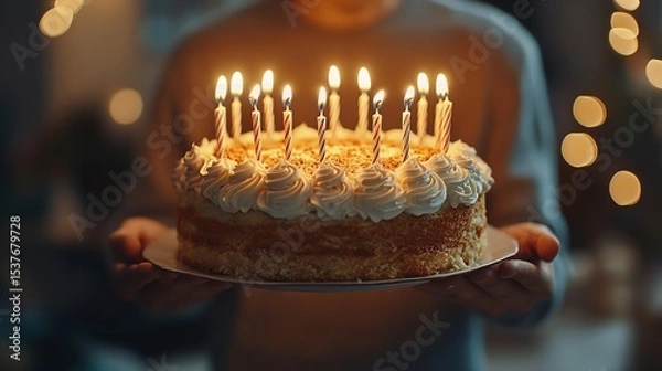 Obraz Birthday Cake with Lit Candles in Cozy Home Celebration