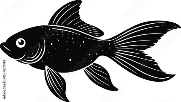 Obraz Stylized Silhouette of Fish, Black Vector Illustration of Aquatic Animal with Decorative Fins