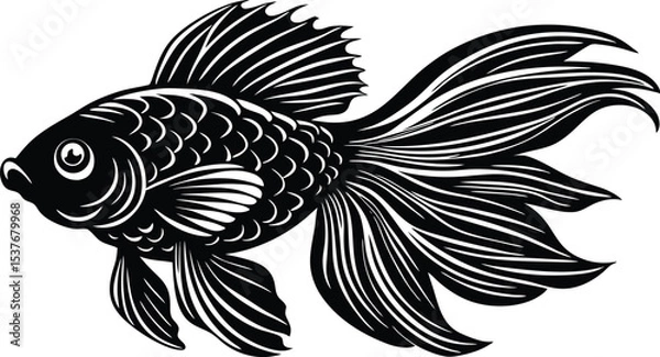 Obraz Stylized Goldfish Vector Silhouette, Ornamental Black and White Fish Illustration with Flowing Fins