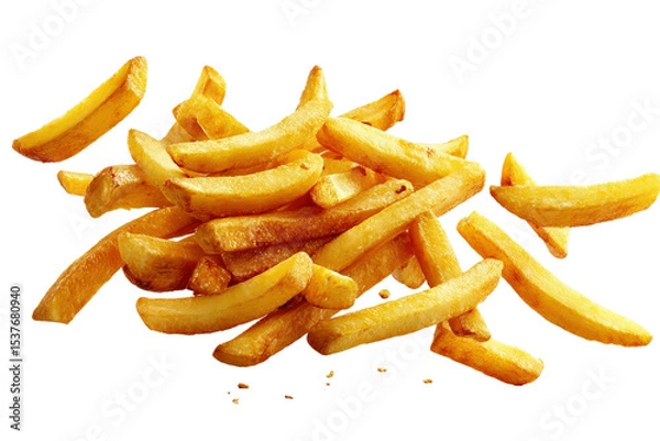 Fototapeta Golden crispy French fries floating in mid-air, snack concept isolated on a Transparent background, PNG file.