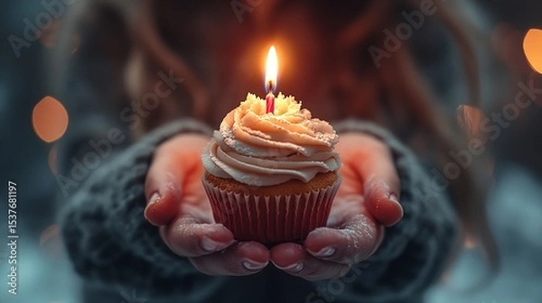 Obraz Hand Holding Cupcake with Lit Candle 