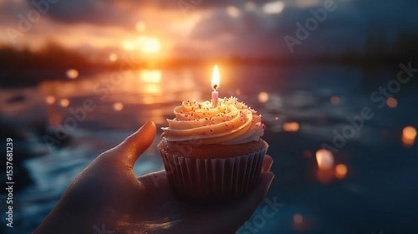 Obraz Hand Holding Cupcake with Lit Candle 