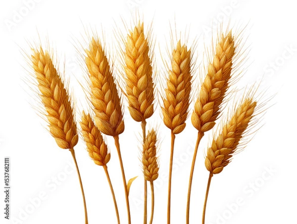 Fototapeta Golden wheat stalks grouped together, realistic texture isolated on a Transparent background, PNG file.
