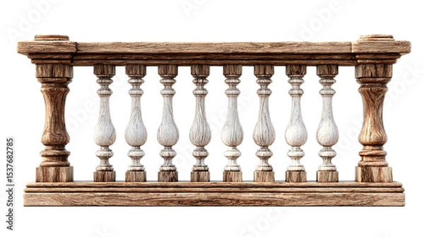 Fototapeta Detailed view of a weathered wooden balustrade with decorative spindles and textured surfaces design element on transparent background