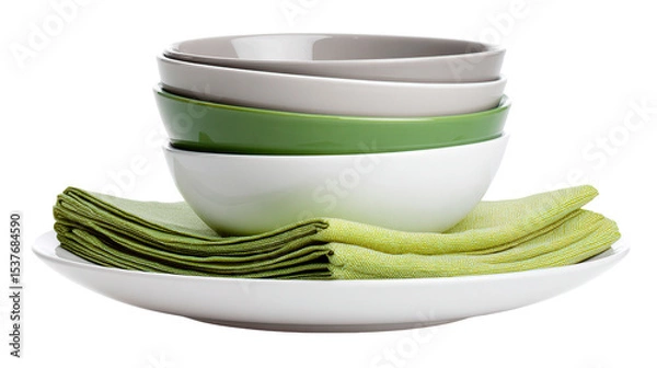 Fototapeta Stacked bowls in gray green and offdish on a plate with folded green napkins on a solid area on transparent background
