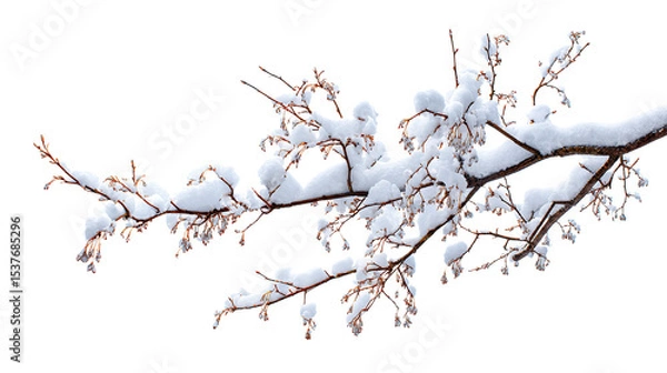 Fototapeta Snow covered branch with small buds isolated against a solid dark area in winter season scene on transparent background
