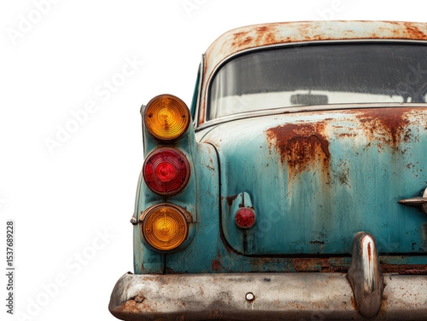 Fototapeta Old car with tail lights hanging, body rusting through, nostalgic feel, isolated on a Transparent background, PNG file.