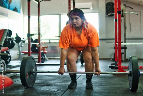 Fototapeta View of a beautiful, overweight young Latina lifting weights and working out at a gym. Positively, she's pushing herself to the limit. She's improving and feeling better.