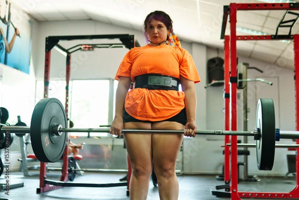Fototapeta View of a beautiful, overweight young Latina lifting weights and working out at a gym. Positively, she's pushing herself to the limit. She's improving and feeling better.