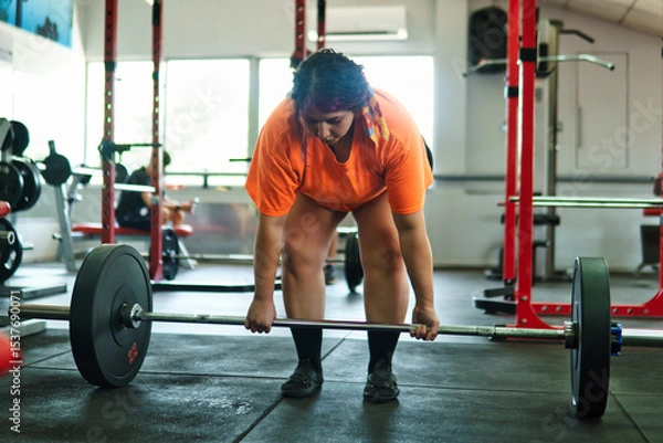 Fototapeta View of a beautiful, overweight young Latina lifting weights and working out at a gym. Positively, she's pushing herself to the limit. She's improving and feeling better.