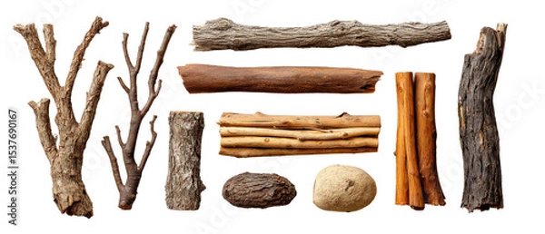 Fototapeta Organic dry branches and tree segments arranged for rustic designs, isolated on a Transparent background, PNG file.