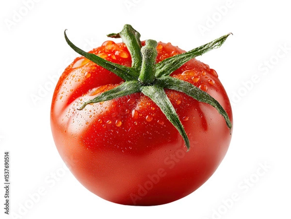 Fototapeta Perfect red tomato for salad or cooking, natural look with stem intact, isolated on a Transparent background, PNG file.