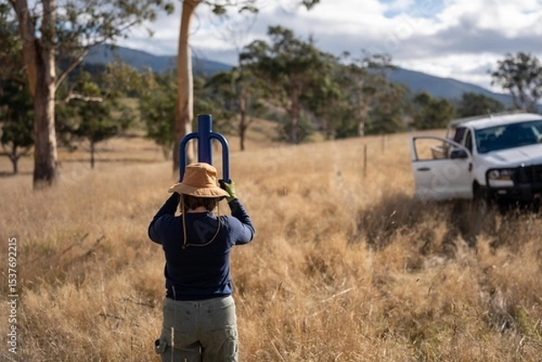 Obraz female farmer driving steel posts with a post driver on a farm putting up a steel post fence with high tensile wire in australia women in agriculture in spring